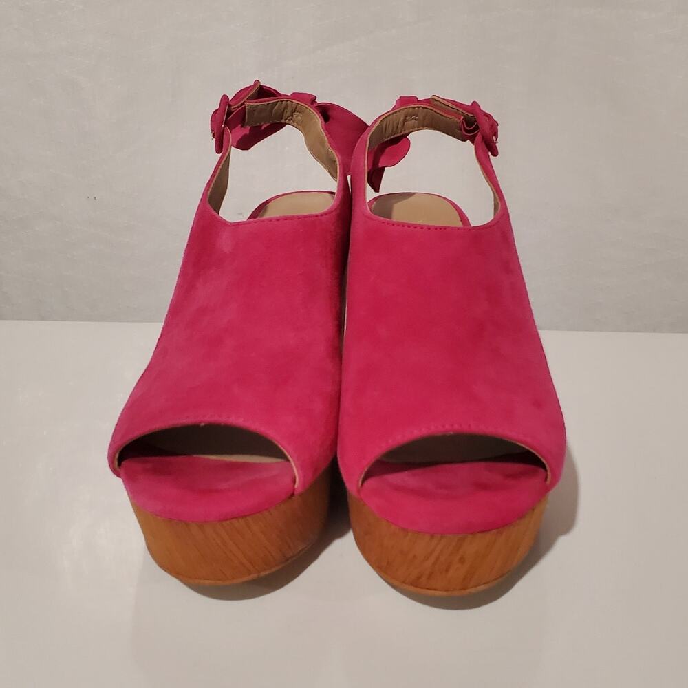 Anthropologie Bow Back Suede Leather Wood Wedge Sandal Size 6M Hot Pink Open Toe